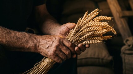 Obraz premium Elderly hands clasp a sheaf of wheat against a dim background. Concept highlights agriculture, tradition, and manual labor, ideal for countryside and farming themes. Generative AI.