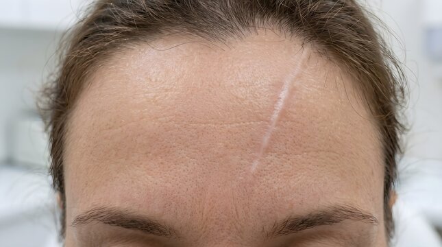Close Up of Linear Morphea En Coup de Sabre Skin Lesion on Forehead