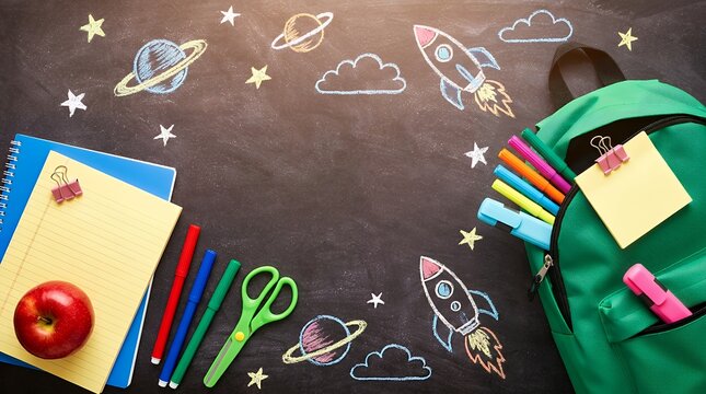Colorful school supplies and chalk drawings of rockets and planets arranged on a chalkboard surface next to a green backpack education learning stationery writing