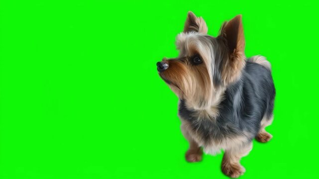 Cute Dog Sitting and Looking Playfully on Empty Green Screen Background, Adorable Pet Isolated for Chroma Key Video, Animal Animation, Compositing and Family-Friendly Content Creation