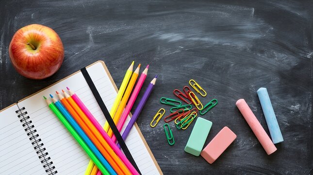 A collection of colorful school supplies including an apple pencils paperclips erasers and chalk arranged on a textured dark surface education learning stationery back to school