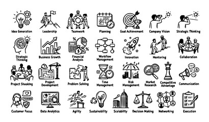 Fototapeta premium Business Strategy Hand Drawn Doodle Illustration Set with Leadership Teamwork and Growth Icons