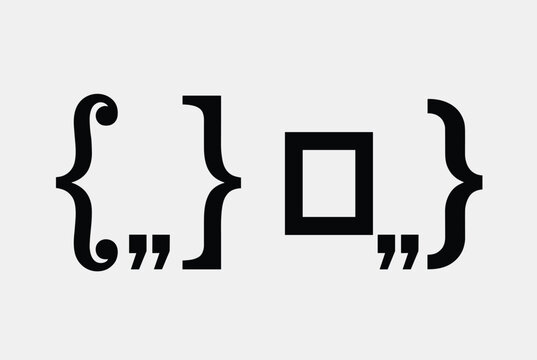 Simple black icon representing computer coding elements like curly braces, brackets, and quotes on a plain light gray background.