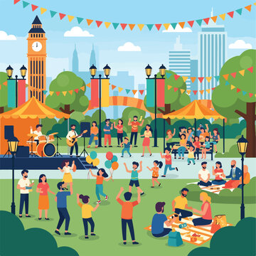 Colorful illustration of a lively outdoor festival