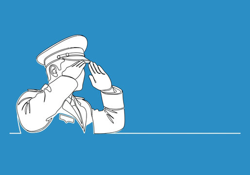 A soldier in military uniform performing a salute, rendered in a clean, single-line art style