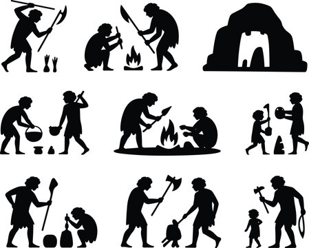 Stone age caveman black silhouette icon set featuring primitive prehistoric people cooking over fire hunting making tools and a cave isolated on white