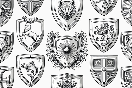 Seamless pattern of classic heraldic shields featuring various animal symbols like wolves, lions, stags, and fish in black.