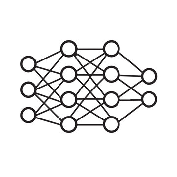 Neural network icon representing machine learning, deep learning, and artificial intelligence with interconnected nodes and layers for data processing and intelligent computing systems.
