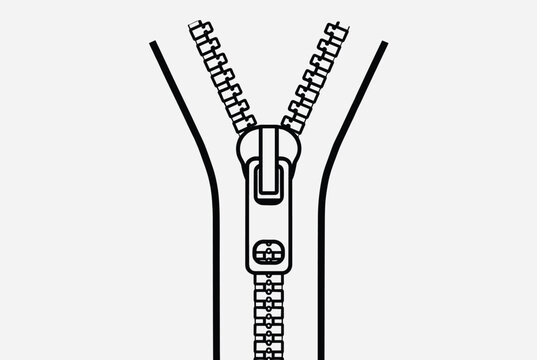 Minimalist black and white line drawing of a zipper partially opened showing the teeth and puller mechanism on a plain field.