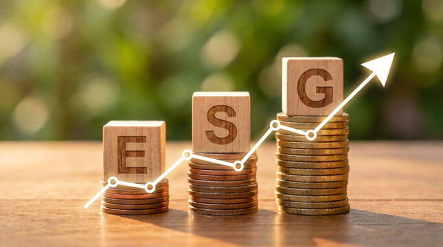 Financial concept with wooden blocks displaying letters e s g standing on growing stacks of coins with upward trending arrow chart representing sustainability and corporate success.