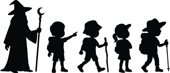 Naklejka premium Wizard guiding children on a hiking adventure black silhouette set featuring young explorers with backpacks and walking sticks isolated on white