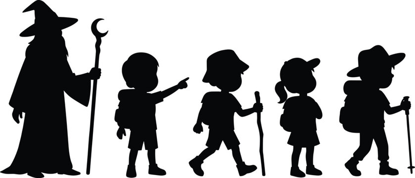 Wizard guiding children on a hiking adventure black silhouette set featuring young explorers with backpacks and walking sticks isolated on white