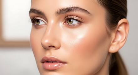Fototapeta premium Close-up Portrait of a Beautiful Young Woman with Natural Glowy Skin and Sophisticated Makeup for a Professional Beauty Editorial