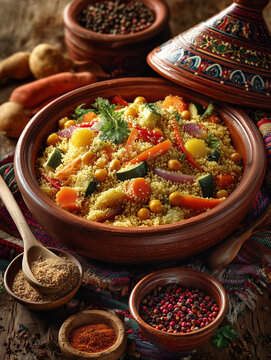 Traditional moroccan couscous with vegetables and chickpeas