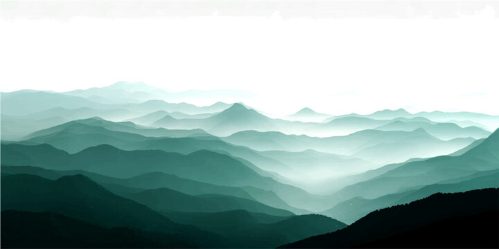 Misty, ethereal mountain range stretches into distance, creating atmospheric and tranquil vista. Layers of mountains fade into soft, cool hues, evoking sense of serene grandeur and remote wilderness.