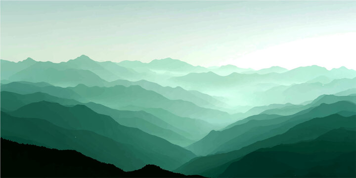Misty mountain range, layered with hues of teal and jade, receding into ethereal distance under a soft, hazy sky.