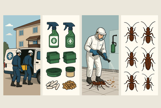 Infographic panels explaining the process of professional pest control and extermination for common household insects and termites.
