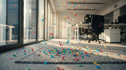 Naklejka premium Bright open‑plan office with carpeted floor covered in colourful confetti — joyful workplace celebration scene highlighting corporate success, teamwork, and festive professional atmosphere