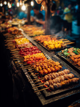 Night market street food skewers grilling over charcoal