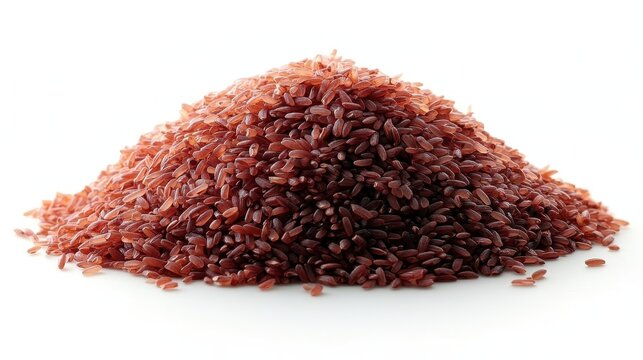 Red rice grain pile close-up with white background for healthy food concept