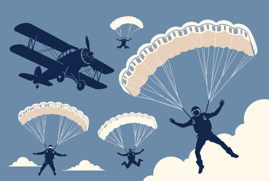 Thrilling skydiving scene featuring several skydivers with open parachutes jumping from a vintage biplane against a clear blue sky.