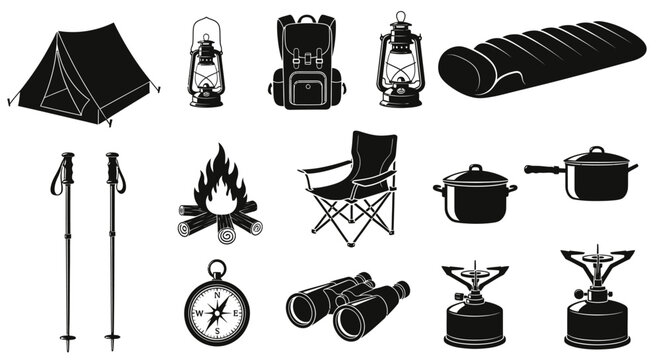 Black and white camping and hiking equipment icon set, containing outdoor adventure gear silhouettes like tent, backpack, campfire, compass, and binoculars