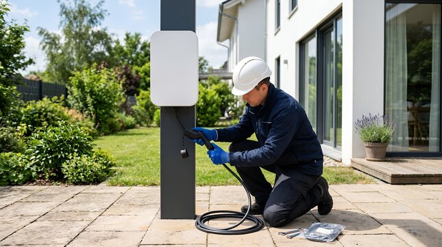 A man wearing a hard hat and gloves connects a charging cable to an electric vehicle charging station in a suburban garden worker technician installation connecting EV charger