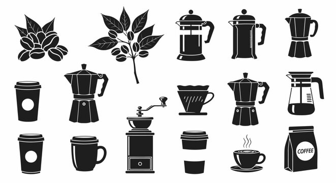 Collection of black coffee icons featuring coffee beans plant french press moka pot grinder and cups isolated on white background
