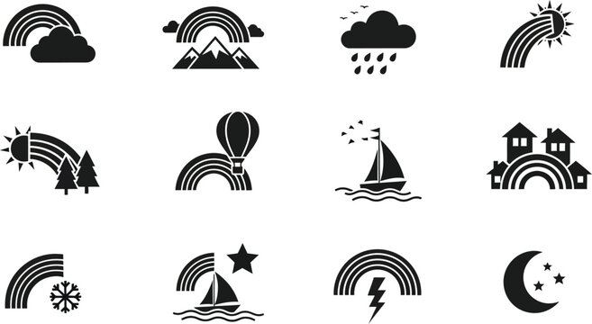 Weather and nature icon set featuring rainbows clouds sun mountains and landscape elements for graphic design projects vector