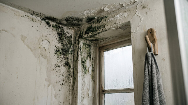 Severe black mold growth on white wall and ceiling corner near window in humid room bathroom damp indoor environment toxic fungal spores spreading on peeling paint surface wallpaper.