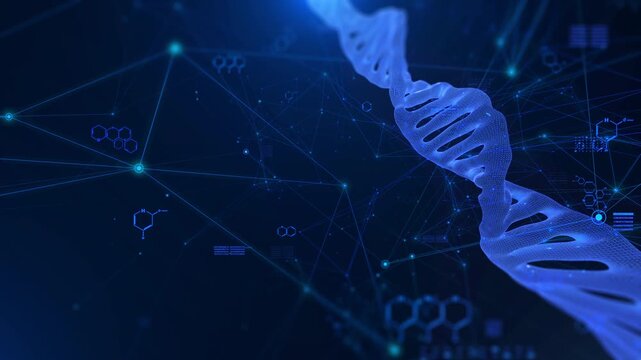 Futuristic DNA Network with Abstract Blue Plexus Pattern. Technological Elements Representing Science Innovation, Artificial Intelligence, Biotech Research, and Big Data Connection Background.
