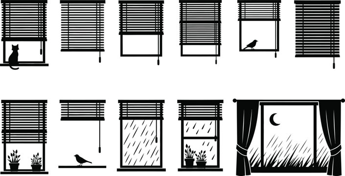 Window icons set with venetian blinds curtains cat bird and rain scenes for interior design vector illustration