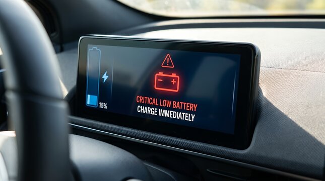 Close up of a car's digital dashboard displaying a critical low battery warning with 15 charge remaining 170 characters electric vehicle alert charging energy power indicator