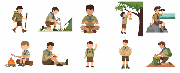 Vector illustration set of boy scout character performing various outdoor camping activities including hiking, roasting marshmallows, and reading a map. © Mariposa1818