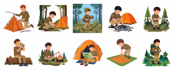 Boy Scout camping character set, little scout boy doing outdoor activities like setting up tent, building campfire, hiking and map reading in forest flat vector illustration.