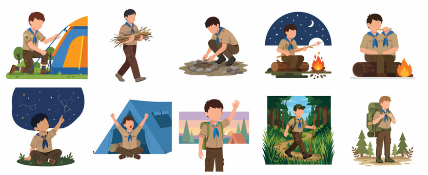 Boy Scout Camping and Outdoor Adventure Activities Flat Illustration Set Including Hiking, Tent, Bonfire, and Stargazing