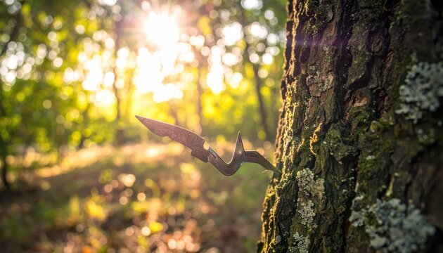 Twisted metal shrapnel fragment deeply embedded into the rough bark of an old tree trunk with sunlight filtering through the forest.