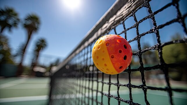 Close-up of a pickleball caught on a net on a sunny day