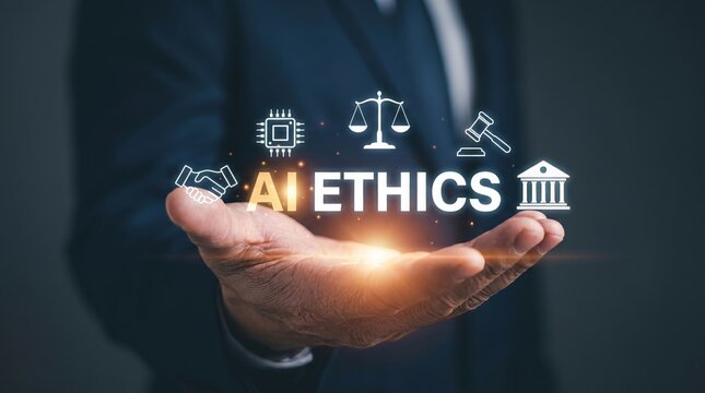 Businessman holding glowing AI Ethics text with legal and technology icons, representing artificial intelligence regulation and moral standards