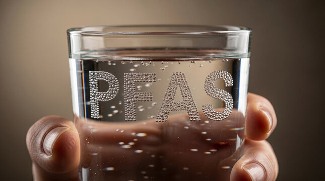 Glass of water containing air bubbles forming word pfas symbolizing chemical contamination and forever chemicals health concerns for domestic drinking water supply and environment.
