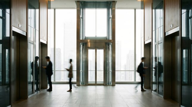 Business professionals navigate a brightly lit, contemporary corporate building lobby, featuring sleek elevators and modern architectural design, symbolizing urban efficiency and professional ambition