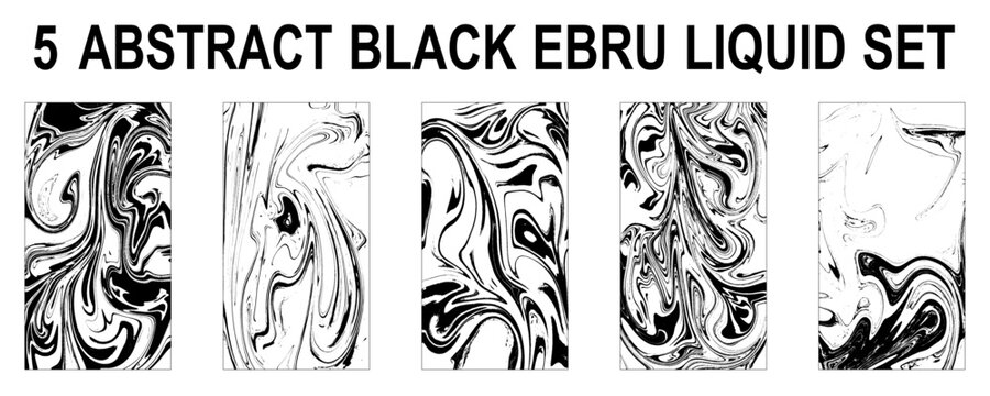 Abstract poster design with curves lines. Collection of black ebru liquid marble texture on white background. A4 size. Ideal for banner, flyer, invitation, cover, business card. Vector art
