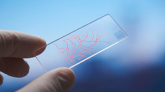 Close up of a gloved hand holding a microscope slide with red branching patterns resembling capillaries and a grid of blue dots laboratory science research medical biology