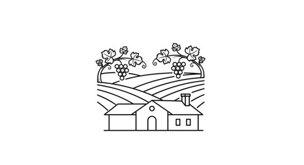 Naklejka premium Farmhouse with rolling hills and vineyard.