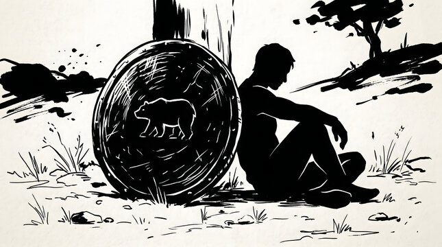 Silhouette of a man sitting and leaning against a round shield featuring a bear emblem