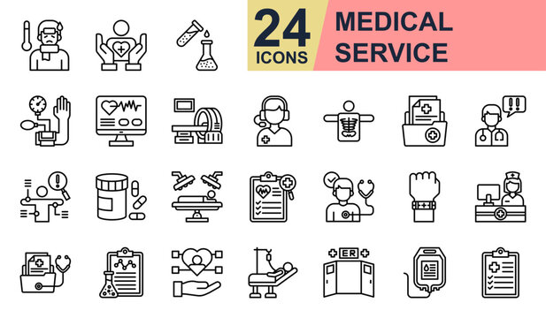 Medical Service Icons set vector illustration. Containing Patient Care, Blood Pressure, Symptom, Treatment Plan, Experiment Results and more. Simple line icons collection.