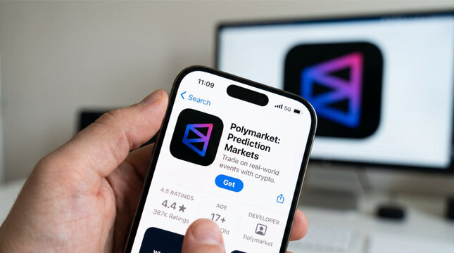 Polymarket prediction markets app on smartphone screen in hand for cryptocurrency trading. Finance betting investment technology mobile application
