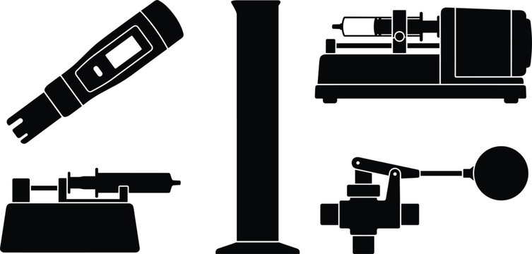 Chemical Laboratory Testing Equipment Icon Set with Digital pH Meter Graduated Cylinder Syringe Pumps and Float Valve Silhouettes for Liquid Measurement