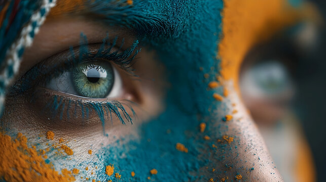 Close-up of woman's eye with vibrant blue and orange paint on her face
