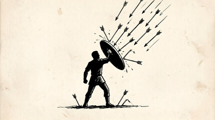 Naklejka premium A silhouette of a warrior holding a shield to block a barrage of raining arrows from the sky above